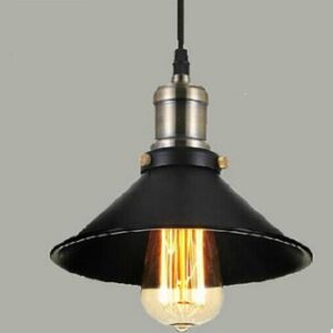 Agda Loft Black English Street Style Pendant Light - A single black pendant light with a conical shade and a brass socket hangs from the ceiling. The light features an Edison-style filament bulb.