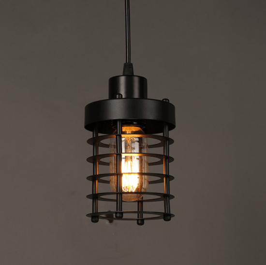 Ainaby Industrial Disk Cage Pendant Light - A black, industrial-style pendant light with a cage-like shade and an Edison-style filament bulb. The light is hanging from a black cord against a gray background.