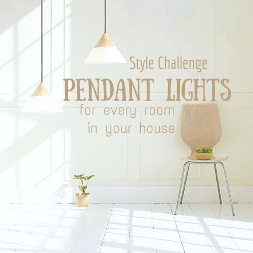 A bright and airy room with three pendant lights hanging from the ceiling. The room has a white wall, a wooden chair with a plant on it, and a small potted plant on the floor. The text "Style Challenge: Pendant Lights for Every Room in Your House" is overlaid on the image.