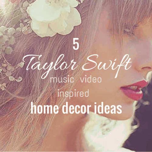 A collage of images showcasing different home decor ideas inspired by Taylor Swift's music videos. The images include a white bedroom with a canopy bed and a floral wall hanging, a living room with a cozy couch and a fireplace, and a kitchen with colorful cabinets and a vintage-style refrigerator.