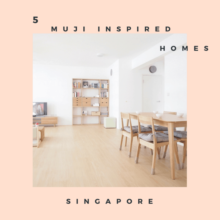 A photo of a modern living room and dining room inspired by the Muji aesthetic. The room features white walls, wooden furniture, and a minimalist design. The text "5 MUJI INSPIRED HOMES SINGAPORE" is overlaid on the image.