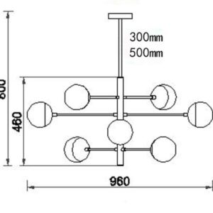 A technical drawing of a modern chandelier with dimensions. The chandelier has a central vertical rod with multiple horizontal arms extending outwards. Each arm terminates in a spherical light fixture.