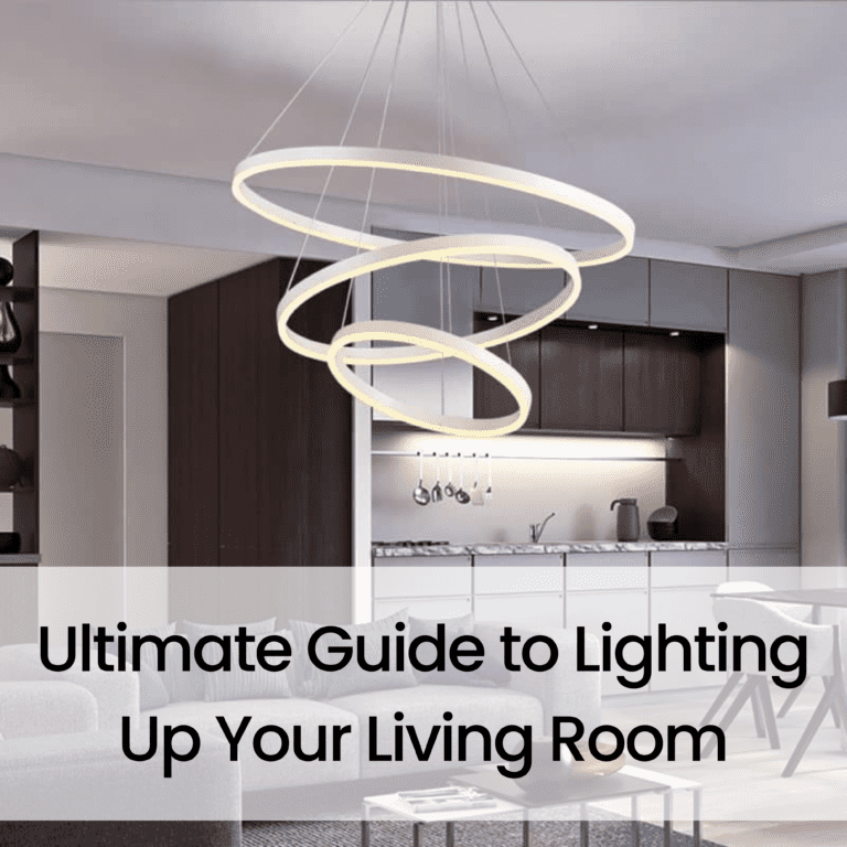 A modern minimalist living room with a sleek, circular chandelier featuring multiple concentric rings. The room has a white color scheme and features a wooden dining table and chairs. The text "Ultimate Guide to Lighting Up Your Living Room" is overlaid on the image.