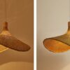 Madhada Bamboo Weave Straw Hat Pendant Lamp lit and unlit