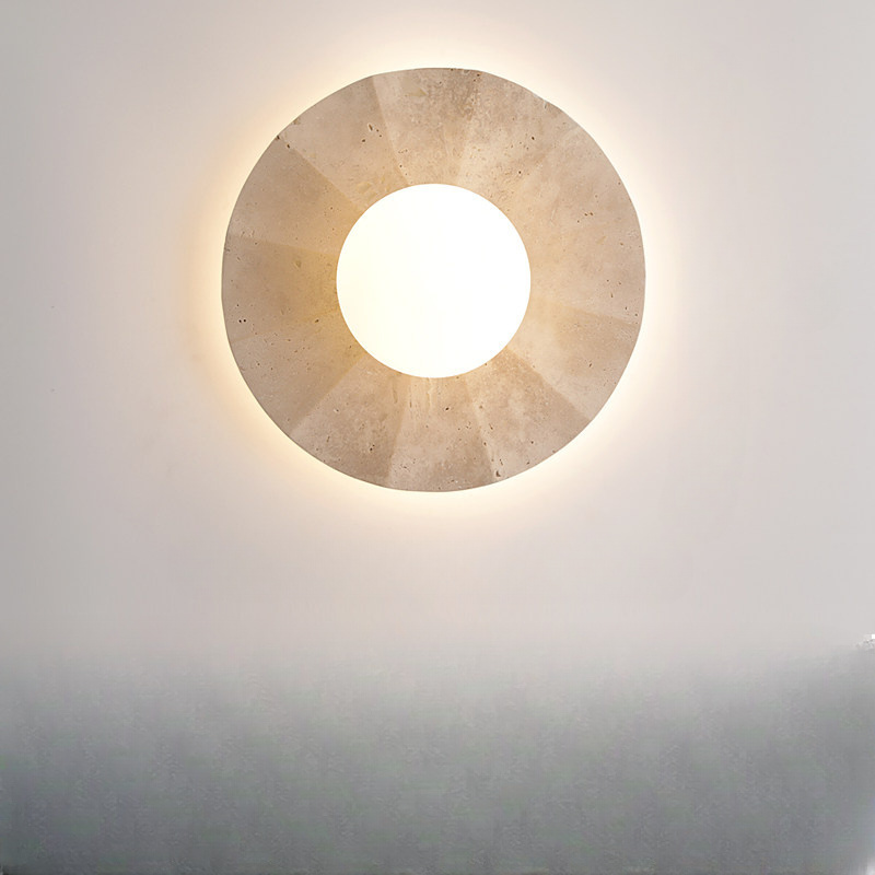 Holmquija Minimalist Solar Halo Travertine Stone Wall Light Holmquija Minimalist Solar Halo Travertine Stone Wall Light Natural Wood Round
