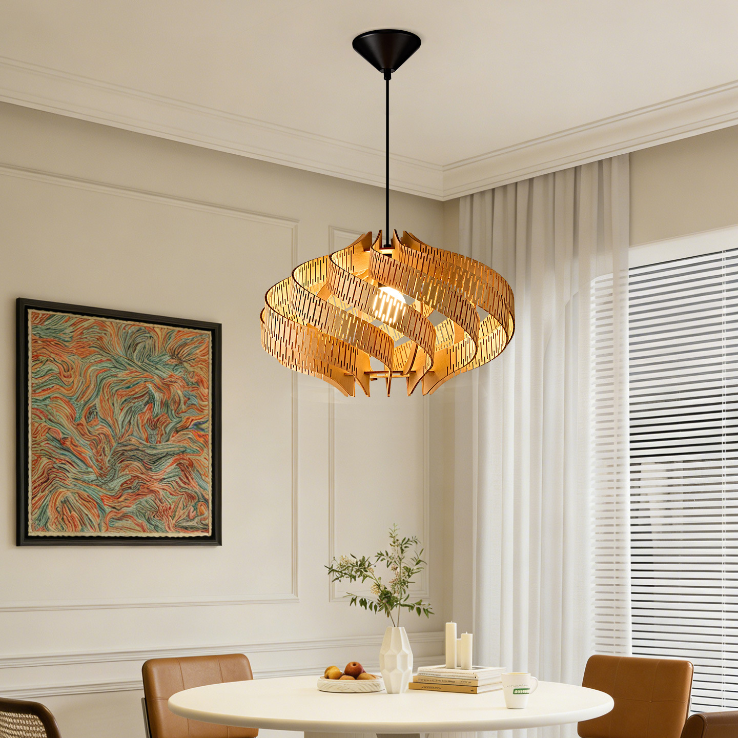 Svolkram Modern Twisted Spiral Wooden Pendant Light Svolkram Modern Twisted Spiral Wooden Pendant Light Over Dining Table Bto